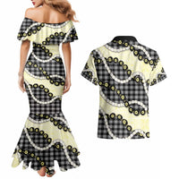 Black Palaka Hawaii Couples Matching Mermaid Dress and Hawaiian Shirt Kukui Nut Pikake Lei Hawaiian Tapa Pattern - Polynesian Pride