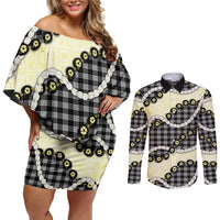 Black Palaka Hawaii Couples Matching Off Shoulder Short Dress and Long Sleeve Button Shirt Kukui Nut Pikake Lei Hawaiian Tapa Pattern - Polynesian Pride