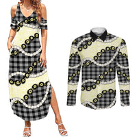 Black Palaka Hawaii Couples Matching Summer Maxi Dress and Long Sleeve Button Shirt Kukui Nut Pikake Lei Hawaiian Tapa Pattern - Polynesian Pride