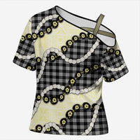 Black Palaka Hawaii Cross Shoulder Shirt Kukui Nut Pikake Lei Hawaiian Tapa Pattern LT14 Female Black - Polynesian Pride