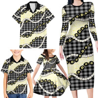 Black Palaka Hawaii Family Matching Long Sleeve Bodycon Dress and Hawaiian Shirt Kukui Nut Pikake Lei Hawaiian Tapa Pattern - Polynesian Pride