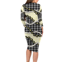 Black Palaka Hawaii Family Matching Long Sleeve Bodycon Dress and Hawaiian Shirt Kukui Nut Pikake Lei Hawaiian Tapa Pattern - Polynesian Pride