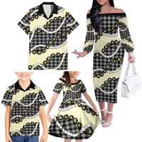 Black Palaka Hawaii Family Matching Off The Shoulder Long Sleeve Dress and Hawaiian Shirt Kukui Nut Pikake Lei Hawaiian Tapa Pattern - Polynesian Pride