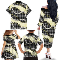 Black Palaka Hawaii Family Matching Off The Shoulder Long Sleeve Dress and Hawaiian Shirt Kukui Nut Pikake Lei Hawaiian Tapa Pattern - Polynesian Pride