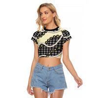 Black Palaka Hawaii Raglan Cropped T Shirt Kukui Nut Pikake Lei Hawaiian Tapa Pattern LT14 Female Black - Polynesian Pride