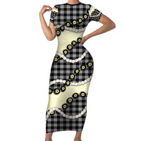 Black Palaka Hawaii Short Sleeve Bodycon Dress Kukui Nut Pikake Lei Hawaiian Tapa Pattern - Polynesian Pride