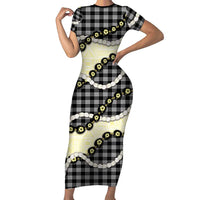 Black Palaka Hawaii Short Sleeve Bodycon Dress Kukui Nut Pikake Lei Hawaiian Tapa Pattern LT14 Long Dress Black - Polynesian Pride