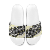 Black Palaka Hawaii Slide Sandals Kukui Nut Pikake Lei Hawaiian Tapa Pattern - Polynesian Pride