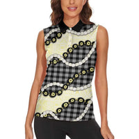 Black Palaka Hawaii Women Sleeveless Polo Shirt Kukui Nut Pikake Lei Hawaiian Tapa Pattern LT14 - Polynesian Pride