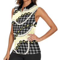 Black Palaka Hawaii Women Sleeveless Polo Shirt Kukui Nut Pikake Lei Hawaiian Tapa Pattern LT14 - Polynesian Pride