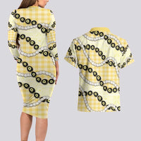 Yellow Palaka Hawaii Couples Matching Long Sleeve Bodycon Dress and Hawaiian Shirt Kukui Nut Pikake Lei Hawaiian Tapa Pattern - Polynesian Pride