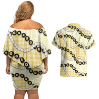 Yellow Palaka Hawaii Couples Matching Off Shoulder Short Dress and Hawaiian Shirt Kukui Nut Pikake Lei Hawaiian Tapa Pattern - Polynesian Pride