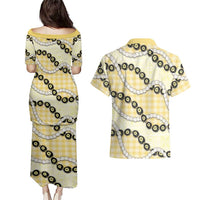 Yellow Palaka Hawaii Couples Matching Puletasi and Hawaiian Shirt Kukui Nut Pikake Lei Hawaiian Tapa Pattern LT14 - Polynesian Pride