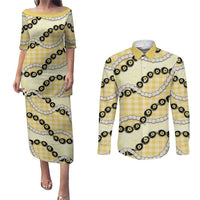 Yellow Palaka Hawaii Couples Matching Puletasi and Long Sleeve Button Shirt Kukui Nut Pikake Lei Hawaiian Tapa Pattern LT14 Yellow - Polynesian Pride