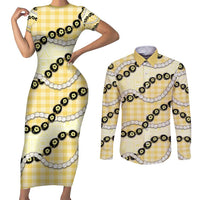Yellow Palaka Hawaii Couples Matching Short Sleeve Bodycon Dress and Long Sleeve Button Shirt Kukui Nut Pikake Lei Hawaiian Tapa Pattern - Polynesian Pride