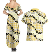 Yellow Palaka Hawaii Couples Matching Summer Maxi Dress and Hawaiian Shirt Kukui Nut Pikake Lei Hawaiian Tapa Pattern - Polynesian Pride