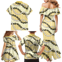 Yellow Palaka Hawaii Family Matching Mermaid Dress and Hawaiian Shirt Kukui Nut Pikake Lei Hawaiian Tapa Pattern - Polynesian Pride