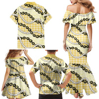 Yellow Palaka Hawaii Family Matching Mermaid Dress and Hawaiian Shirt Kukui Nut Pikake Lei Hawaiian Tapa Pattern - Polynesian Pride
