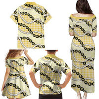 Yellow Palaka Hawaii Family Matching Puletasi and Hawaiian Shirt Kukui Nut Pikake Lei Hawaiian Tapa Pattern - Polynesian Pride