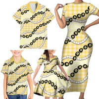 Yellow Palaka Hawaii Family Matching Short Sleeve Bodycon Dress and Hawaiian Shirt Kukui Nut Pikake Lei Hawaiian Tapa Pattern - Polynesian Pride