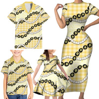 Yellow Palaka Hawaii Family Matching Short Sleeve Bodycon Dress and Hawaiian Shirt Kukui Nut Pikake Lei Hawaiian Tapa Pattern - Polynesian Pride