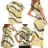 Yellow Palaka Hawaii Family Matching Short Sleeve Bodycon Dress and Hawaiian Shirt Kukui Nut Pikake Lei Hawaiian Tapa Pattern - Polynesian Pride