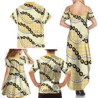 Yellow Palaka Hawaii Family Matching Summer Maxi Dress and Hawaiian Shirt Kukui Nut Pikake Lei Hawaiian Tapa Pattern - Polynesian Pride