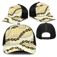 Yellow Palaka Hawaii Mesh Trucker Cap Kukui Nut Pikake Lei Hawaiian Tapa Pattern LT14 - Polynesian Pride