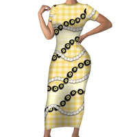 Yellow Palaka Hawaii Short Sleeve Bodycon Dress Kukui Nut Pikake Lei Hawaiian Tapa Pattern LT14 Long Dress Yellow - Polynesian Pride