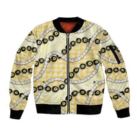 Yellow Palaka Hawaii Sleeve Zip Bomber Jacket Kukui Nut Pikake Lei Hawaiian Tapa Pattern LT14 Unisex Yellow - Polynesian Pride