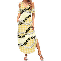 Yellow Palaka Hawaii Summer Maxi Dress Kukui Nut Pikake Lei Hawaiian Tapa Pattern LT14 Women Yellow - Polynesian Pride