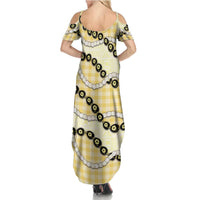 Yellow Palaka Hawaii Summer Maxi Dress Kukui Nut Pikake Lei Hawaiian Tapa Pattern LT14 - Polynesian Pride
