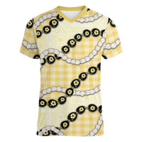 Yellow Palaka Hawaii Women V-Neck T-Shirt Kukui Nut Pikake Lei Hawaiian Tapa Pattern LT14 Female Yellow - Polynesian Pride
