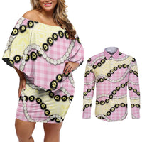 Pink Palaka Hawaii Couples Matching Off Shoulder Short Dress and Long Sleeve Button Shirt Kukui Nut Pikake Lei Hawaiian Tapa Pattern - Polynesian Pride