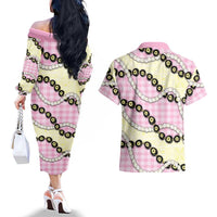 Pink Palaka Hawaii Couples Matching Off The Shoulder Long Sleeve Dress and Hawaiian Shirt Kukui Nut Pikake Lei Hawaiian Tapa Pattern - Polynesian Pride