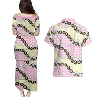 Pink Palaka Hawaii Couples Matching Puletasi and Hawaiian Shirt Kukui Nut Pikake Lei Hawaiian Tapa Pattern LT14 - Polynesian Pride