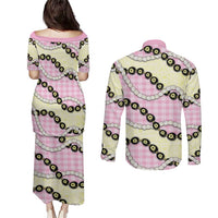 Pink Palaka Hawaii Couples Matching Puletasi and Long Sleeve Button Shirt Kukui Nut Pikake Lei Hawaiian Tapa Pattern LT14 - Polynesian Pride