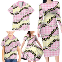Pink Palaka Hawaii Family Matching Long Sleeve Bodycon Dress and Hawaiian Shirt Kukui Nut Pikake Lei Hawaiian Tapa Pattern - Polynesian Pride