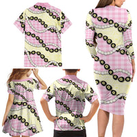 Pink Palaka Hawaii Family Matching Long Sleeve Bodycon Dress and Hawaiian Shirt Kukui Nut Pikake Lei Hawaiian Tapa Pattern - Polynesian Pride