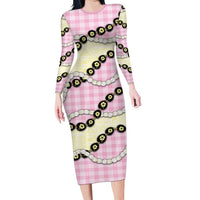 Pink Palaka Hawaii Family Matching Long Sleeve Bodycon Dress and Hawaiian Shirt Kukui Nut Pikake Lei Hawaiian Tapa Pattern - Polynesian Pride
