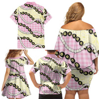Pink Palaka Hawaii Family Matching Off Shoulder Short Dress and Hawaiian Shirt Kukui Nut Pikake Lei Hawaiian Tapa Pattern - Polynesian Pride