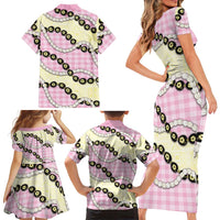 Pink Palaka Hawaii Family Matching Short Sleeve Bodycon Dress and Hawaiian Shirt Kukui Nut Pikake Lei Hawaiian Tapa Pattern - Polynesian Pride