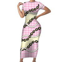 Pink Palaka Hawaii Short Sleeve Bodycon Dress Kukui Nut Pikake Lei Hawaiian Tapa Pattern LT14 Long Dress Pink - Polynesian Pride