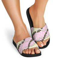Pink Palaka Hawaii Slide Sandals Kukui Nut Pikake Lei Hawaiian Tapa Pattern - Polynesian Pride