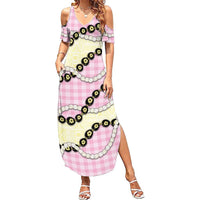 Pink Palaka Hawaii Summer Maxi Dress Kukui Nut Pikake Lei Hawaiian Tapa Pattern LT14 Women Pink - Polynesian Pride