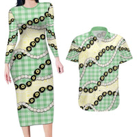 Green Palaka Hawaii Couples Matching Long Sleeve Bodycon Dress and Hawaiian Shirt Kukui Nut Pikake Lei Hawaiian Tapa Pattern - Polynesian Pride