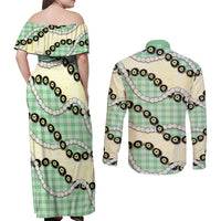 Green Palaka Hawaii Couples Matching Off Shoulder Maxi Dress and Long Sleeve Button Shirt Kukui Nut Pikake Lei Hawaiian Tapa Pattern - Polynesian Pride