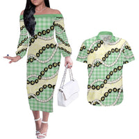 Green Palaka Hawaii Couples Matching Off The Shoulder Long Sleeve Dress and Hawaiian Shirt Kukui Nut Pikake Lei Hawaiian Tapa Pattern - Polynesian Pride