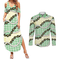 Green Palaka Hawaii Couples Matching Summer Maxi Dress and Long Sleeve Button Shirt Kukui Nut Pikake Lei Hawaiian Tapa Pattern LT14 Green - Polynesian Pride