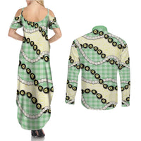 Green Palaka Hawaii Couples Matching Summer Maxi Dress and Long Sleeve Button Shirt Kukui Nut Pikake Lei Hawaiian Tapa Pattern LT14 - Polynesian Pride
